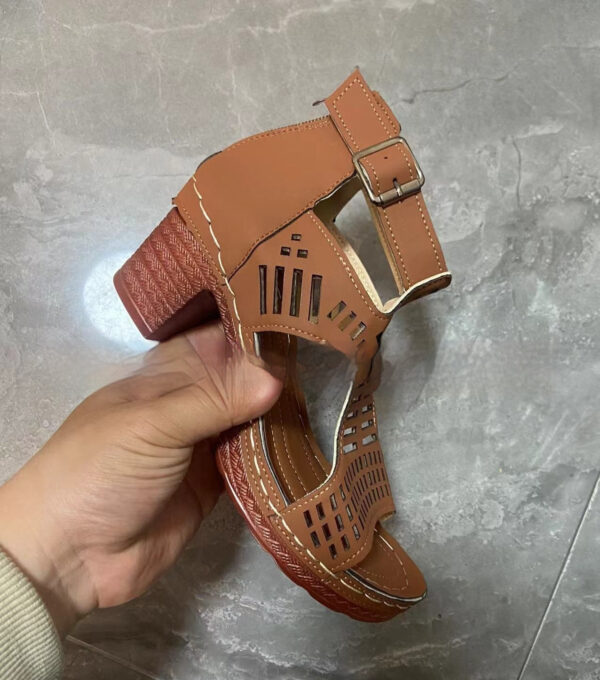 Chunky Heel High Hollow Peep Toe Sandals - Image 7
