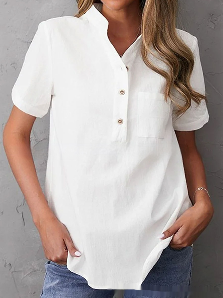 Breasted Lapel Short-sleeved Shirt For Women - Image 4