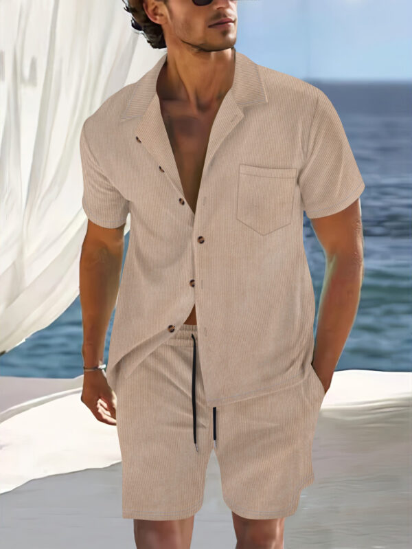 Men's Europe And America Cross Border Polyester Short Sleeve Cuban Collar Shirt Summer Suit - Image 5