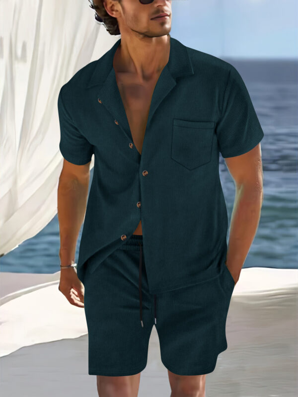 Men's Europe And America Cross Border Polyester Short Sleeve Cuban Collar Shirt Summer Suit - Image 3