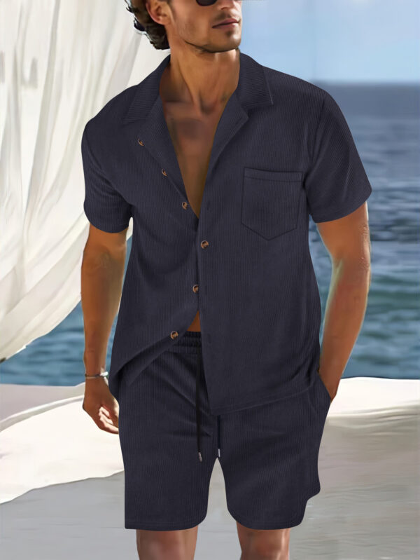 Men's Europe And America Cross Border Polyester Short Sleeve Cuban Collar Shirt Summer Suit - Image 6