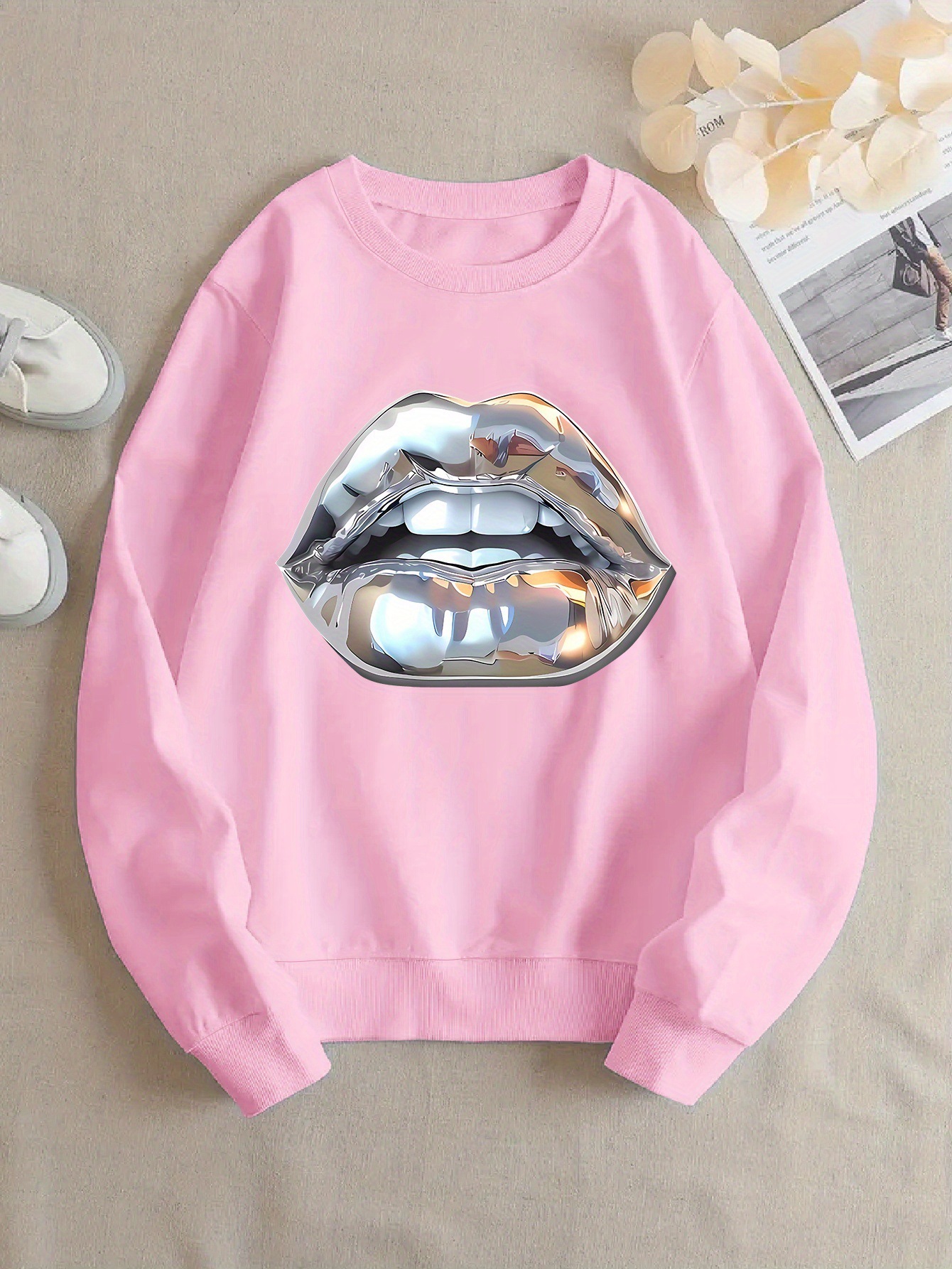Womens Cartoon Silver Lip-Printed Sweatshirt - Image 9