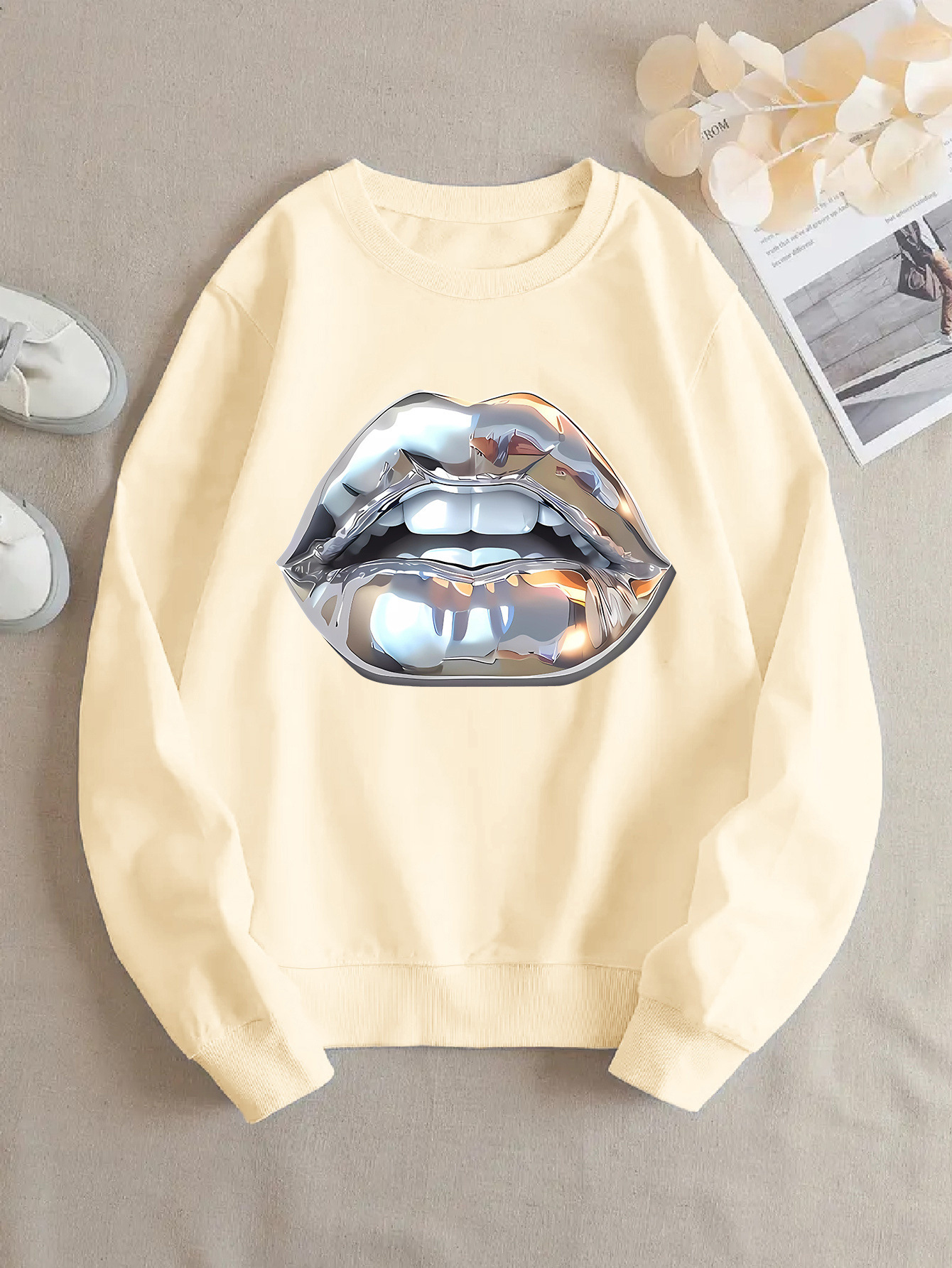 Womens Cartoon Silver Lip-Printed Sweatshirt - Image 3