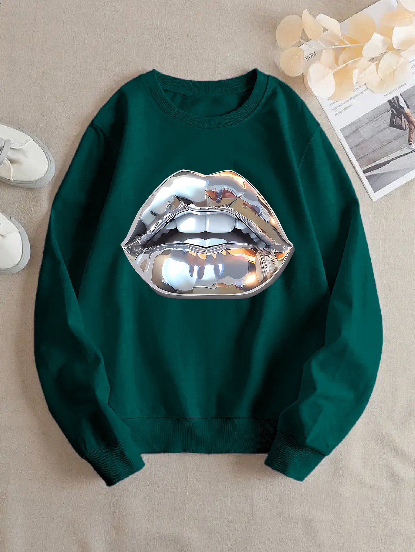 Womens Cartoon Silver Lip-Printed Sweatshirt - Image 2