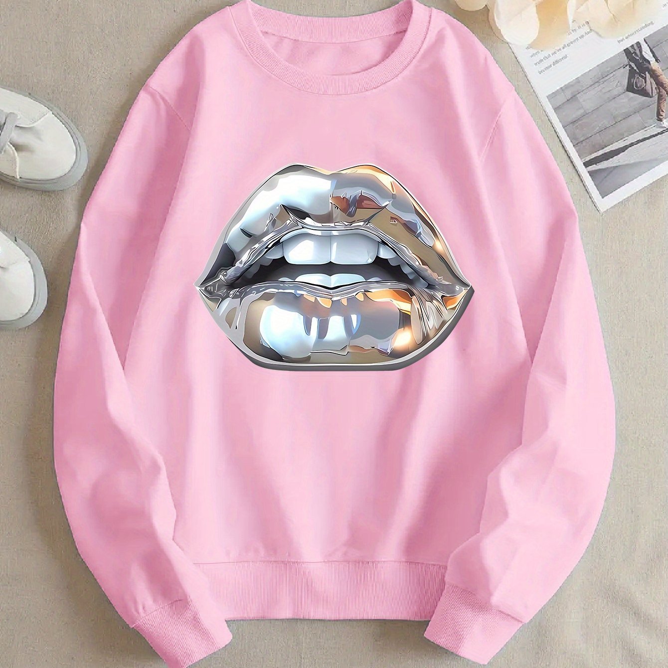Womens Cartoon Silver Lip-Printed Sweatshirt - Image 10