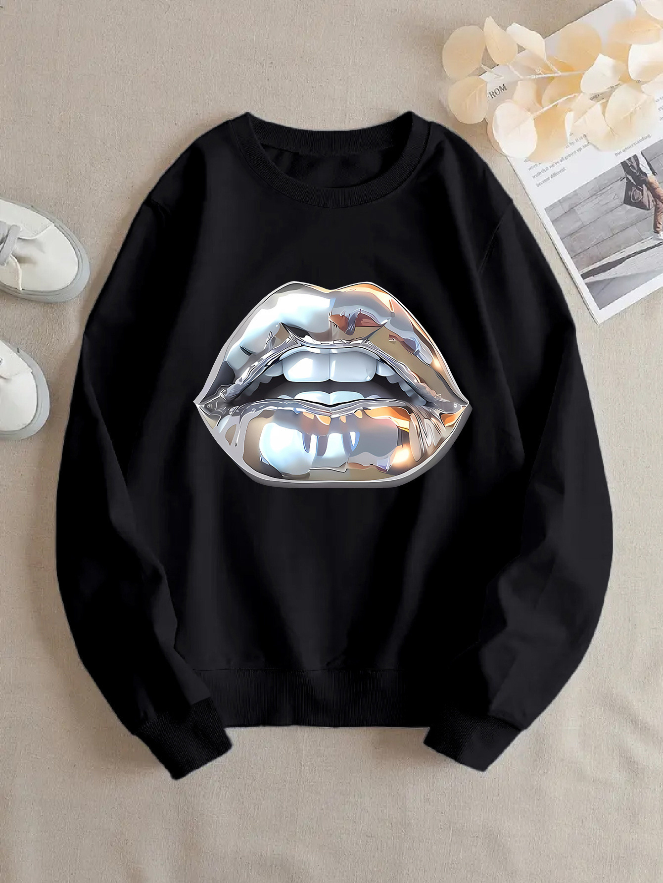 Womens Cartoon Silver Lip-Printed Sweatshirt - Image 5