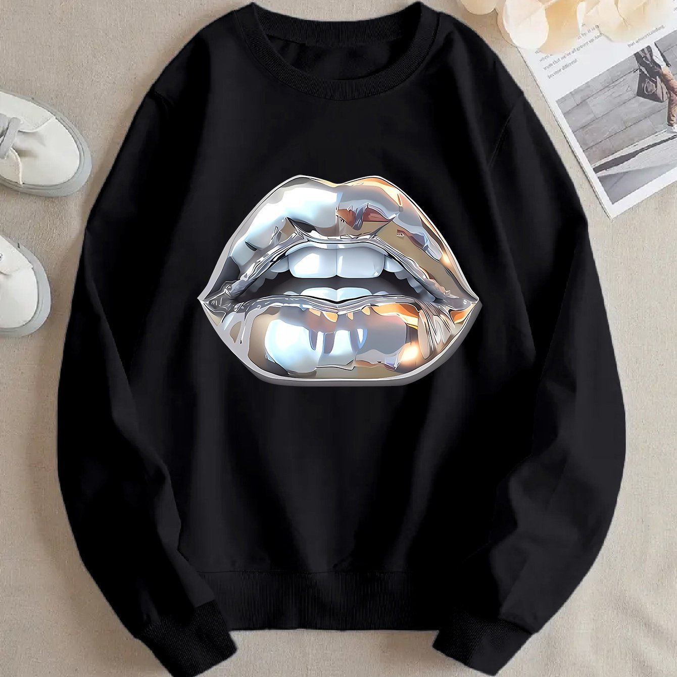 Womens Cartoon Silver Lip-Printed Sweatshirt - Image 7