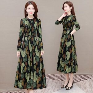 Womens Long Floral-print Dress For Spring And Fall