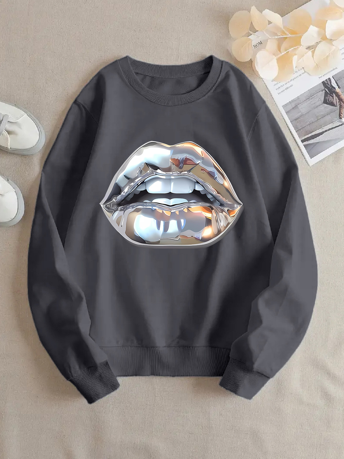 Womens Cartoon Silver Lip-Printed Sweatshirt - Image 4