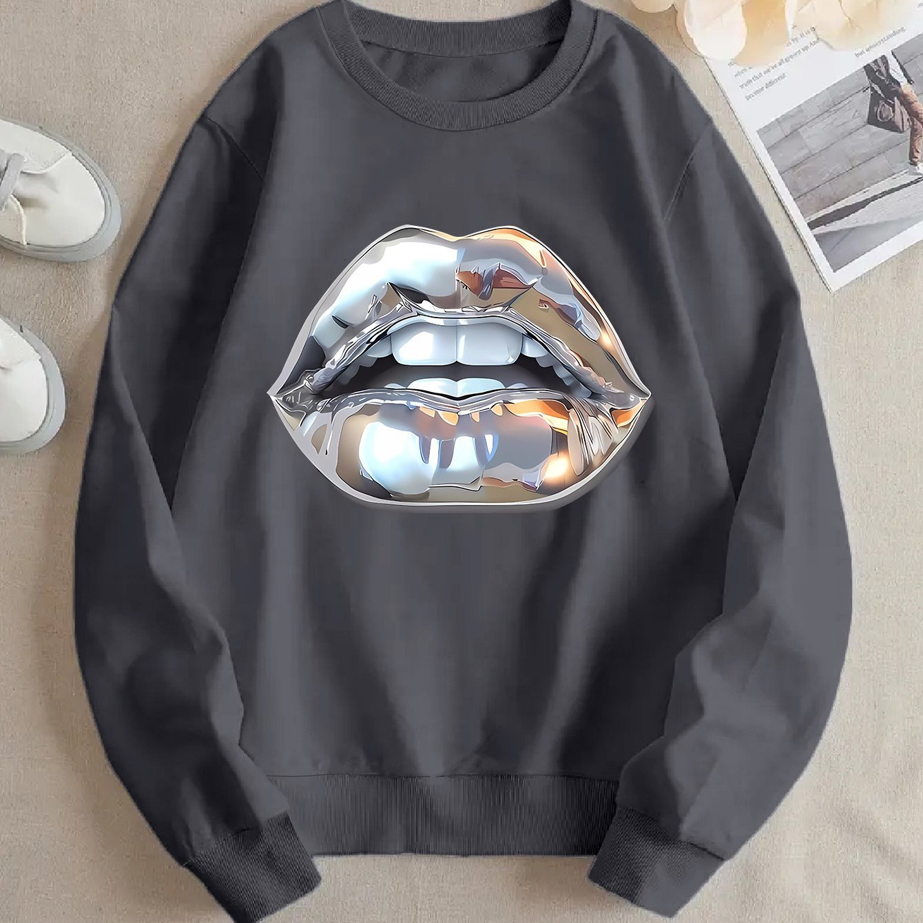 Womens Cartoon Silver Lip-Printed Sweatshirt - Image 6